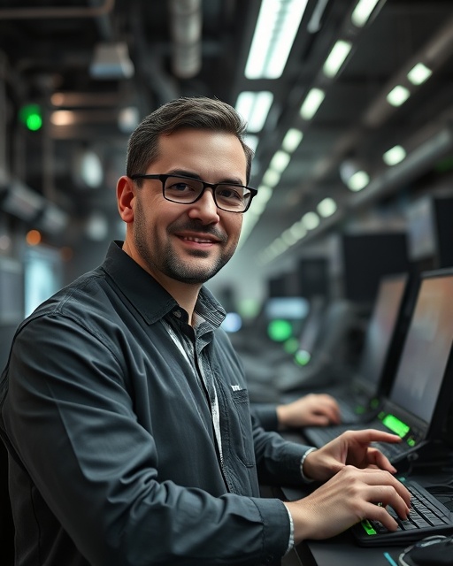 cost-cutting solutions, confident expression, streamlining operations, photorealistic, tech workspace with advanced infrastructure and smart tools, highly detailed, moving elements like flowing data streams, UHD quality, monochromatic with a touch of green, soft ambient lighting, shot with a 35mm lens