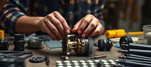 Engineer detailing Pix features, meticulous expression, assembling parts, photorealistic, workshop bench with tools and materials, highly detailed, intricate components and hand movements, 100mm macro lens, task lighting