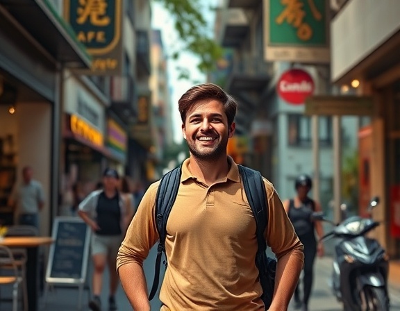 happy customer on a journey, exploring, walking through a vibrant city street with shops and cafes, photorealistic, detailed urban environment with people and vehicles, high definition textures, deep perspective, lively colors, natural daylight, wide-angle shot captured with a 24mm lens.