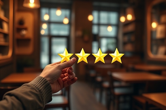 intuitive feedback platform, user giving feedback, clicking on star ratings, photorealistic, cozy cafe with wooden furniture and ambient lighting, highly detailed, dynamic star animation, high fidelity, warm tones, moody ambient lighting, shot with a 35mm lens.