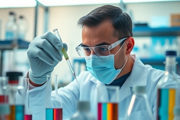 comprehensive case research, dedicated scientist, conducting experiments, photorealistic, state-of-the-art laboratory with scientific equipment, highly detailed, active chemical reactions in beakers, precise visuals, pastel colors, bright laboratory lights, shot with a macro lens