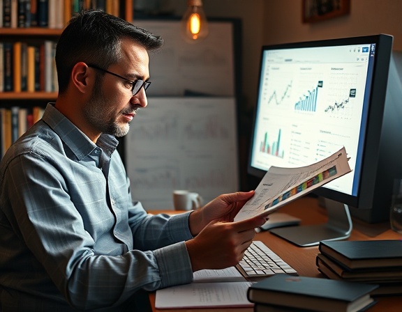 in-depth case analysis, thoughtful professional, reviewing intricate charts, photorealistic, cozy yet professional workspace filled with books and a computer, highly detailed, highlighted data points on charts, crisp clarity, warm hues, soft ambient light, shot with a 50mm lens