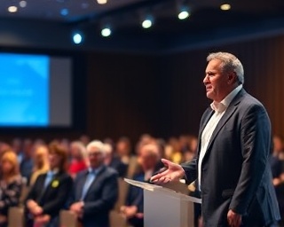 executive leader, inspiring trust, giving a speech, photorealistic, corporate conference hall, highly detailed, audience reactions, depth of field, cool colors, spotlight lighting, shot with a 70-200mm lens.
