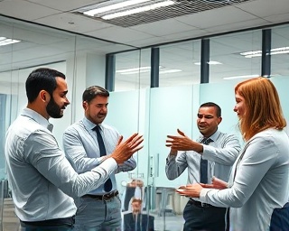 business meeting, building trust through collaboration, group huddle, photorealistic, modern office with glass walls, highly detailed, hand gestures, dynamic range, neutral tones, fluorescent lighting, shot with a 24-70mm lens.