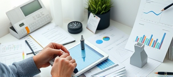 Professional compiling Pix feedback, analytical expression, using a tablet, photorealistic, minimalist workspace with charts and diagrams, highly detailed, desk clutter, 35mm lens, soft white light