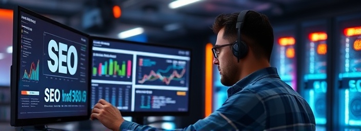 tech-savvy marketer, engrossed, real-time SEO analysis on multiple screens, photorealistic, modern workspace with neon accents, highly detailed, blinking server lights in background, futuristic, backlit screens, shot with a 24-70mm lens.