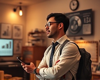 dedicated marketer, reflective, reviewing historical SEO performance, photorealistic, retro-styled office with vintage decor, highly detailed, spinning data visualizations, sepia, ambient lighting, shot with a 50mm lens.