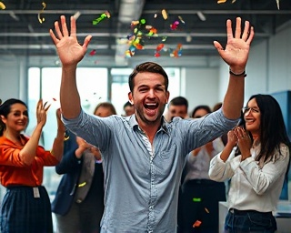 energetic marketer, excited, celebrating SEO ranking improvements, photorealistic, collaborative workspace with cheering colleagues, highly detailed, confetti falling, bright, celebratory atmosphere, shot with a 35mm lens.
