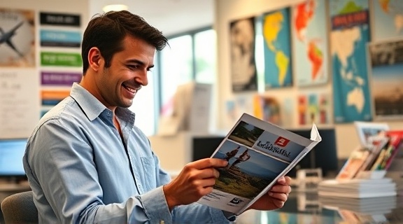 satisfied customer journey, pondering, reviewing a travel brochure in an agency, photorealistic, organized office with posters and brochures, highly detailed, reflective surfaces on desks, inviting colors, soft ambient lighting seen through windows, captured with a 50mm lens.