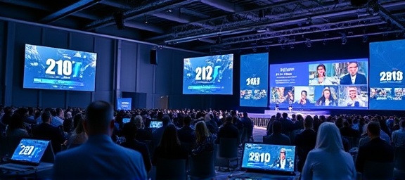 Distinct market strategy execution, calculated, presenting multi-channel approaches, photorealistic, tech-savvy conference with digital displays, highly detailed, audience engagement, sleek and modern designs, cool color palette, LED lighting, shot with a 35mm lens.