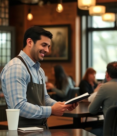 happy customer, giving feedback, talking to a customer service representative, photorealistic, cozy caf&eacute; setting, highly detailed, patrons at nearby tables, 50mm lens, soft, diffused lighting