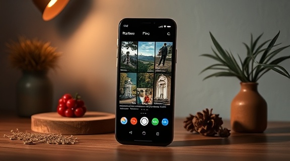 modern review pix app, engaging UI/UX, sharing photos, photorealistic, creative studio setting with artistic elements, highly detailed, subtle shadows, bold colors, soft spotlight, shot with a Leica 75mm APO lens