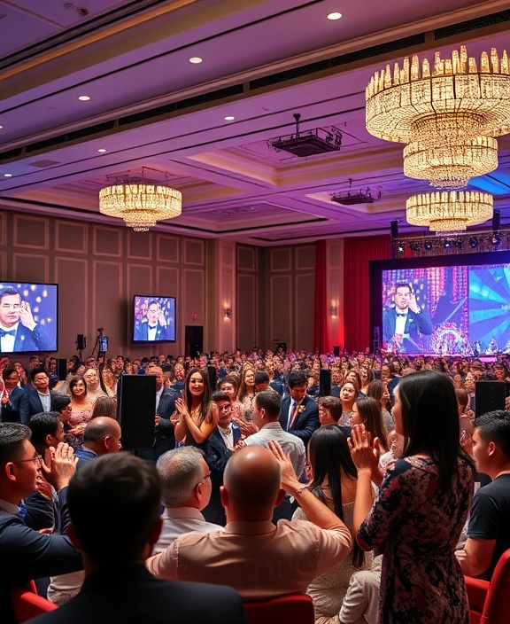 achievable company mission success, celebrating milestones, achieving vision, photorealistic, sophisticated event hall decorated for gala, highly detailed, unified team applauding, colorful, spotlight lighting, shot with a Canon RF 85mm f/1.2L