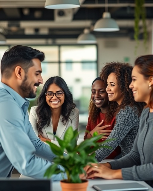 diverse team, displaying trust, collaborative work, photorealistic, open-concept office space with plants and desks, highly detailed, facial expressions, motion blur, neutral colors, soft ambient lighting, shot with a 35mm lens.