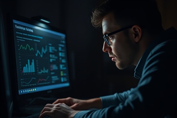 intense marketer, focused, evaluating SEO optimization results, photorealistic, dimly lit room with a single spotlight on a computer screen, highly detailed, animated graphs, monochromatic, low light, shot with a 85mm lens.