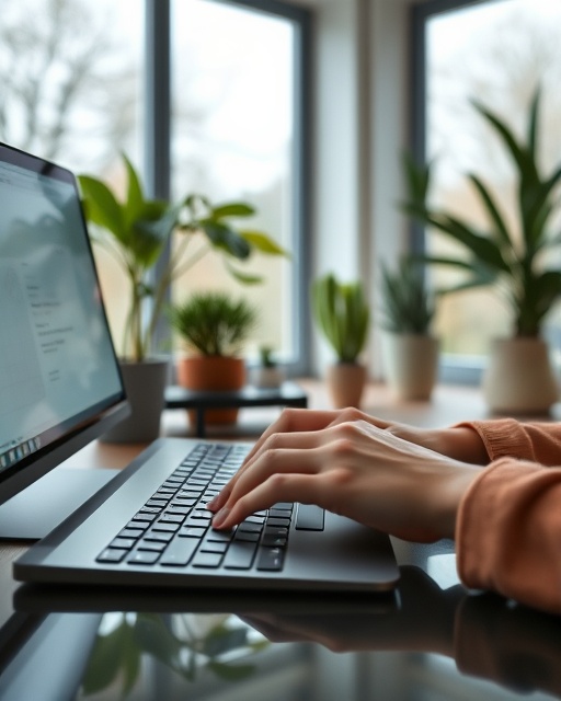 interactive response platform, user engaged in writing, typing on a sleek keyboard, photorealistic, contemporary home office with plants and a large window, highly detailed, cursor moving on screen, ultra HD, cool tones, diffused daylight, shot with an 85mm lens.