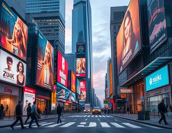 Unique market approach concept, visionary, depicting a singular value proposition, photorealistic, upscale urban setting with billboards, highly detailed, diverse business activities, flowing movements, rich hues, twilight lighting, shot with an 85mm lens.