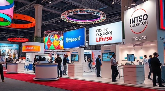 Insightful market differentiation scene, perceptive, showing strategic brand placements, photorealistic, corporate expo with distinct booths, highly detailed, lively presentations, vibrant visual elements, varied lighting, artificial spotlights, shot with a 70mm lens.