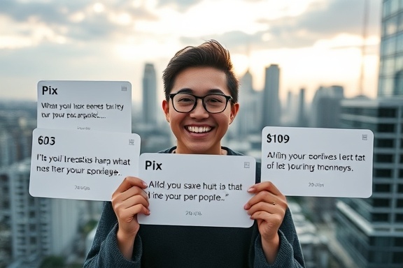 Enthusiast emphasizing positive testimonials for Pix, beaming expression, showing web page, photorealistic, urban apartment with skyline view, highly detailed, background cityscape, 24mm wide-angle lens, evening light