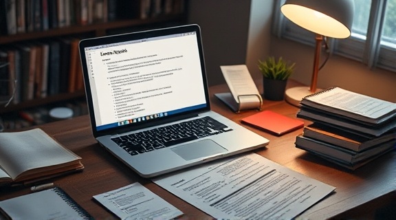 thorough case report, precise academic, writing detailed findings, photorealistic, organized desk with laptop, documents, and notes, highly detailed, visible text on the computer screen, sharp resolution, earthy tones, warm desk lamp light, shot with an 85mm lens