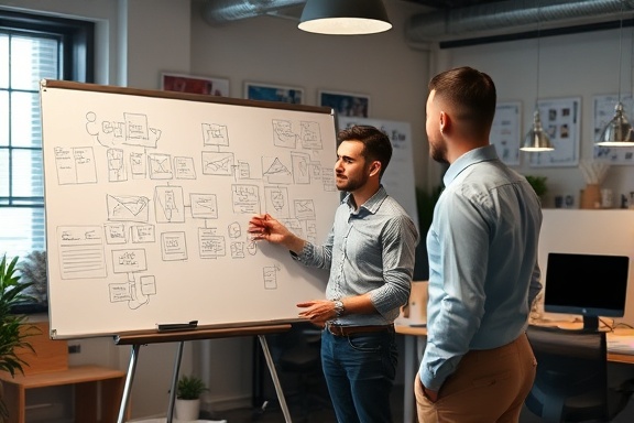 strategic success strategist, planning, discussing with a colleague over a whiteboard filled with diagrams, photorealistic, collaborative workspace with ergonomic furniture and mood boards, highly detailed, focused brainstorming sessions, warm indoor lighting, shot with a 24mm lens