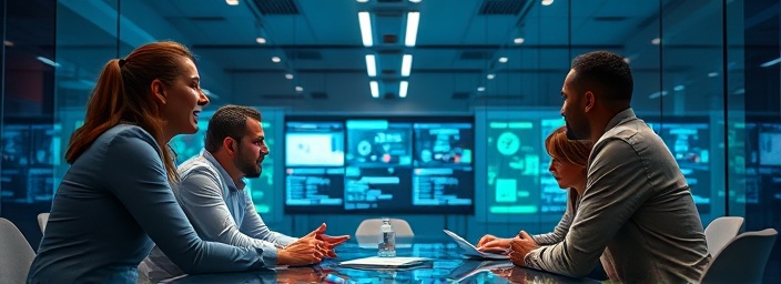 diverse team, collaborating, discussing engagement strategies, photorealistic, high-tech conference room with glass walls, highly detailed, digital screens showing data, 35mm lens, cool, overhead lighting