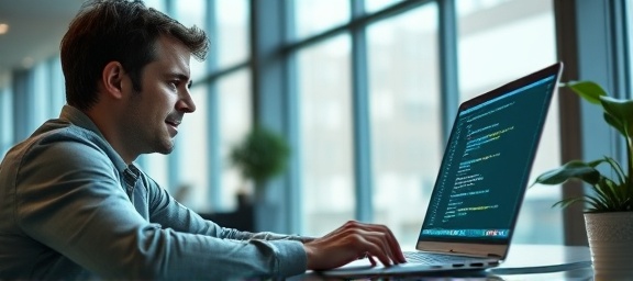 analytical marketer, curious, using SEO software on a laptop, photorealistic, sleek office with floor-to-ceiling windows, highly detailed, dynamic code snippets on screen, cool, balanced light, shot with a 24-70mm lens.