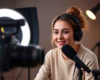 Vlogger outlining Pix benefits, animated expression, talking to camera, photorealistic, trendy studio with ring light, highly detailed, microphones and props in view, 50mm lens, studio lighting