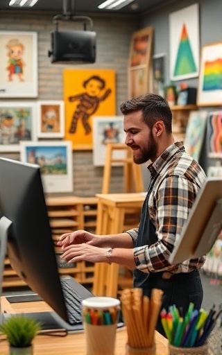 engaged employee, interacting, using digital tools, photorealistic, creative studio filled with artwork, highly detailed, colorful environment, 35mm lens, vibrant, daylight lighting