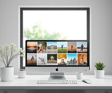 clean review pix software, intuitive layout, sorting photos, photorealistic, minimalist workspace with large window view, highly detailed, light bokeh effect, pastel colors, natural light, shot with a Fujifilm 56mm lens
