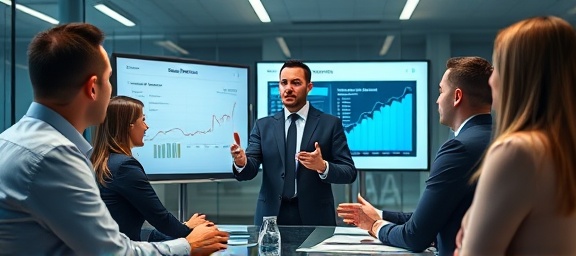 dedicated success services representative, confident, explaining metrics to a small group of business professionals, photorealistic, high-tech conference room with a smartboard and glass walls, highly detailed, engaged gestures, soft shadow lighting, shot with a 35mm lens