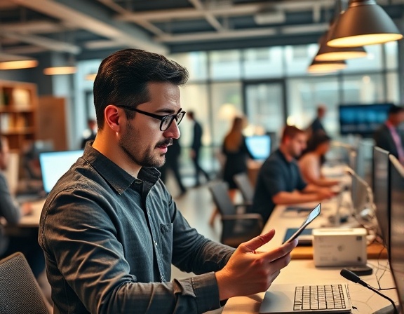 focused businessman, concentrating, utilizing engagement tools, photorealistic, coworking space with various workstations, highly detailed, people moving in the background, 85mm lens, warm, ambient lighting