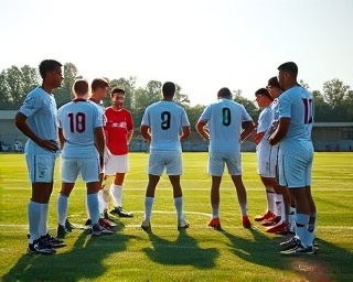 sports team, trust through teamwork, strategizing, photorealistic, outdoor soccer field with sidelines, highly detailed, body language, high contrast, bright colors, midday sunlight, shot with a 135mm lens.