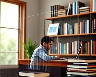 meticulous marketer, precise, annotating SEO analysis reports, photorealistic, home office with shelves of books and data charts, highly detailed, floating holographic data, warm, soft light, shot with a 50mm lens.