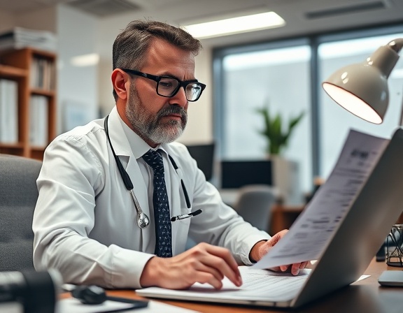 Analyst synthesizing Pix testimonials, focused expression, typing report, photorealistic, traditional office setup, highly detailed, desk accessories and documents, 50mm lens, fluorescent lighting