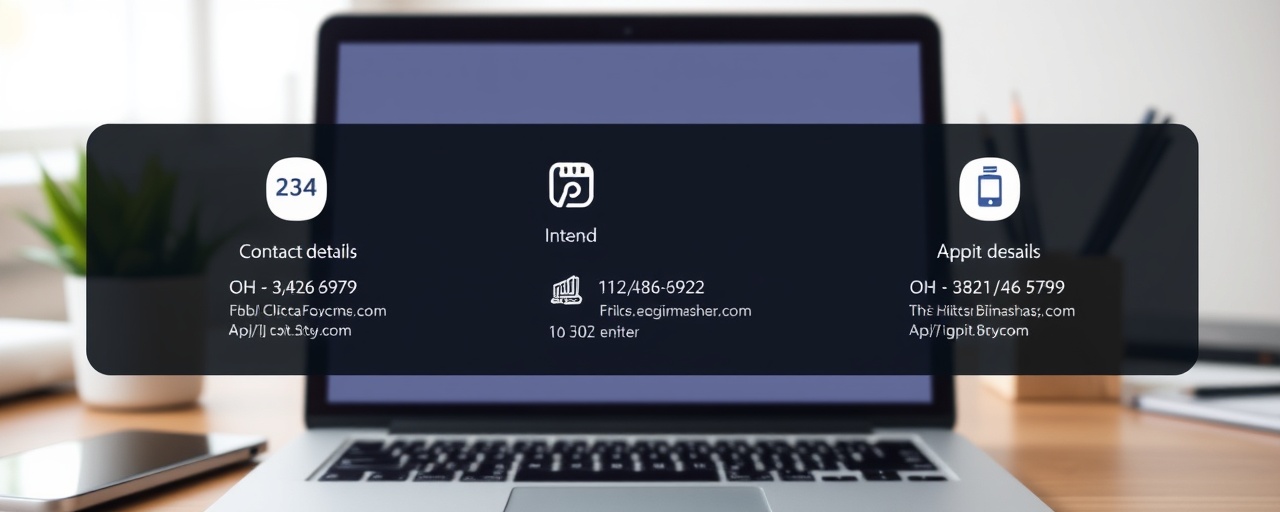 organized contact details layout, professional appearance, displaying, photorealistic, background of a business workspace with a laptop, highly detailed, clear text and icons, digital rendering, neutral colors, diffused lighting, shot with a Nikon 50mm f/1.8 lens