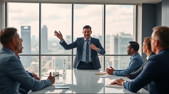 Dynamic visibility marketing, enthusiastic gesture, leading a team meeting, photorealistic, in a conference room with a panoramic window view, highly detailed, city skyline in the background, 4K resolution, sharp professional tones, midday lighting, shot with a tilt-shift lens.