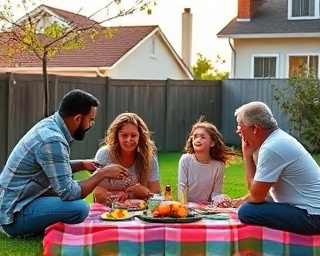 family, fostering trust, spending time together, photorealistic, suburban backyard with a picnic setup, highly detailed, natural interactions, color pop, vibrant colors, late afternoon light, shot with a 24mm lens.