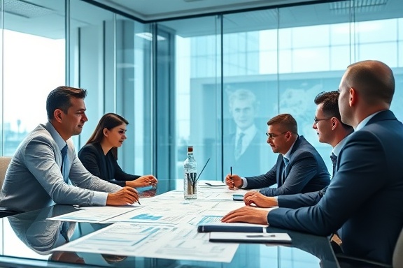 forward-thinking company mission goals, defining success, setting targets, photorealistic, contemporary boardroom with glass walls, highly detailed, executives charting strategy, dynamic, bright lighting, shot with a Sony FE 35mm f/1.4