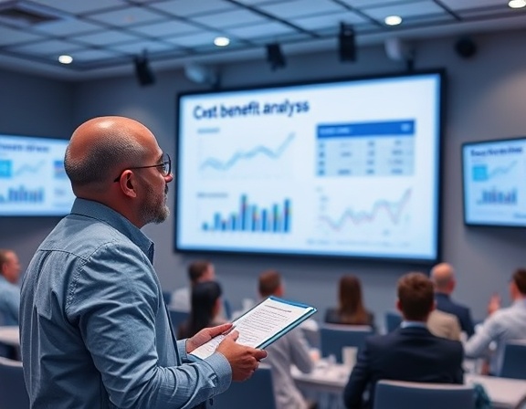 cost-benefit analysis, analytical expression, presenting data insights, photorealistic, seminar room with projection screens and financial models, highly detailed, interactive elements like clickable charts, high-definition, corporate color scheme of blue and white, stage lighting, shot with a 50mm lens