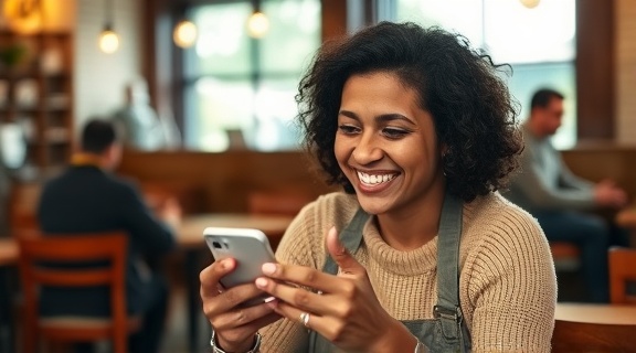 Customer exploring Pix ratings, pleased expression, checking ratings on phone, photorealistic, coffee shop with wooden furniture, highly detailed, bokeh background with other customers, 35mm lens, daylight