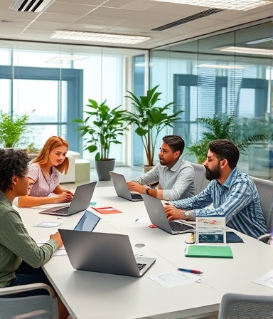 content customer support team, collaborating, sitting around a table with laptops and notes, photorealistic, bright meeting room with glass walls and indoor plants, highly detailed, scattered papers and pens on the table, natural colors, overhead fluorescent lighting, shot with a 35mm lens.