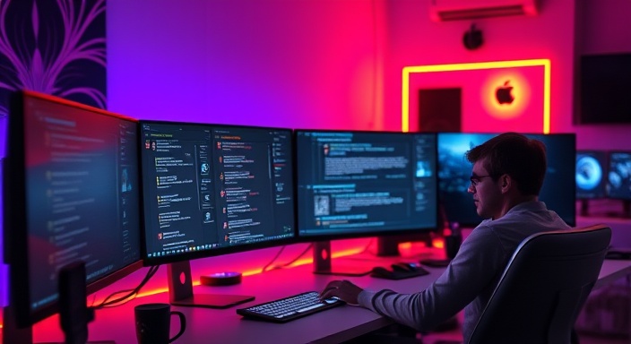 efficient comment platform, user commenting enthusiastically, scrolling through comments, photorealistic, digital workspace with multiple monitors and RGB lighting, highly detailed, comments updating live, crisp image, balanced color scheme, artificial LED lighting, shot with a 24mm lens.