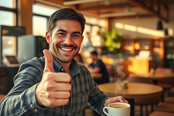 satisfied customer, beaming, giving a thumbs up, photorealistic, cozy coffee shop interior with wooden furniture and warm ambiance, highly detailed, steam rising from coffee cup, ultra-sharp focus, warm tones, afternoon sunlight filtering in, shot with an 85mm lens.
