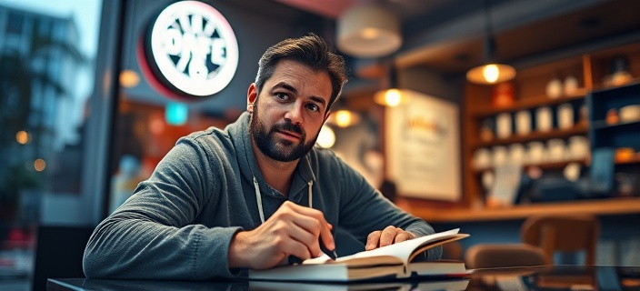 Blog writer summarizing Pix ratings, thoughtful expression, jotting down notes, photorealistic, modern cafe with neon lights, highly detailed, casual surroundings with light reflections, 50mm lens, dusk lighting
