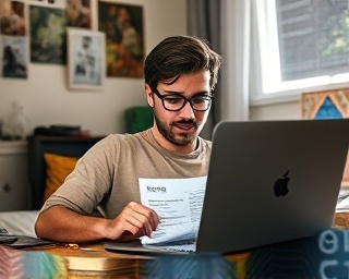 User checking Pix ratings on laptop, curious expression, scrolling webpage, photorealistic, college dorm with posters and books, highly detailed, personal items around, 35mm lens, morning light