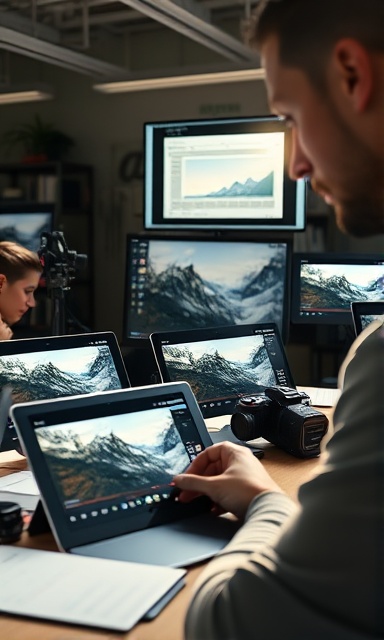 advanced review pix interface, seamless interaction, adjusting image settings, photorealistic, cutting-edge tech workspace with multiple devices, highly detailed, slight lens flare, rich colors, direct sunlight, shot with a Sony 35mm prime lens