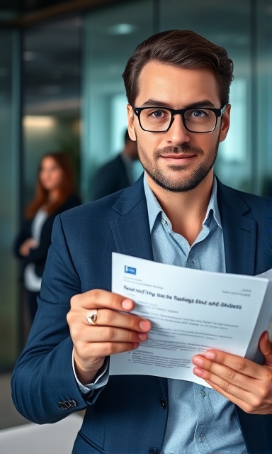 Strategic visibility marketing, confident look, presenting a business proposal, photorealistic, in a modern office with glass walls, highly detailed, colleagues in the background, 6K resolution, professional colors, soft natural lighting, shot with a 35mm lens.