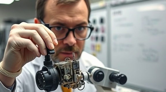 Expert showcasing Pix feature analysis, confident expression, dissecting components, photorealistic, lab environment with whiteboards, highly detailed, intricate gadget details, 105mm macro lens, bright lab lights