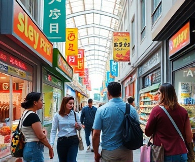 Differentiation concept visual, innovative, contrasting products in the market, photorealistic, busy shopping district with dynamic signage, highly detailed, shoppers comparing items, intricate shadows, bright and saturated colors, midday sunlight, shot with a 24mm wide-angle lens.